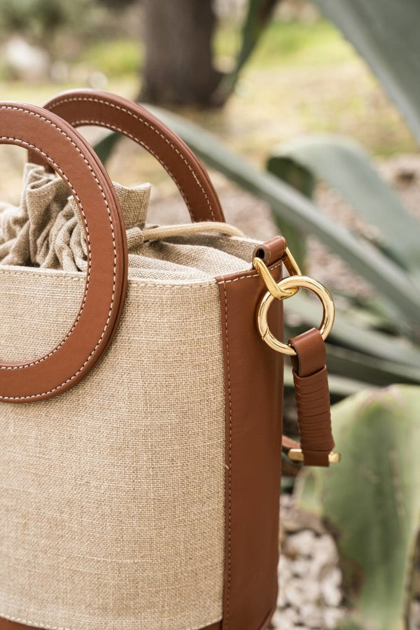 Sac à main seau pour femme marron clair et lin écologique recyclé vegan Gaïa Minuit sur Terre