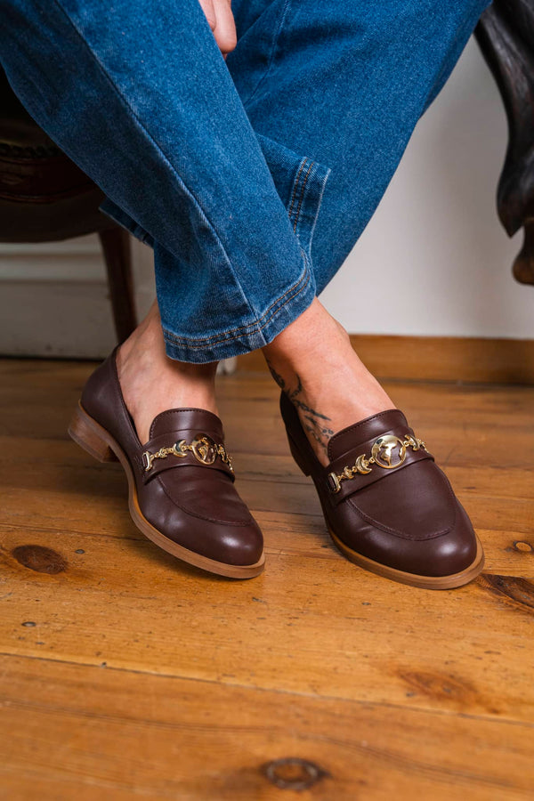 Mocassins marrons chocolat pour femme vegan écologiques recyclés Symbole Minuit sur Terre