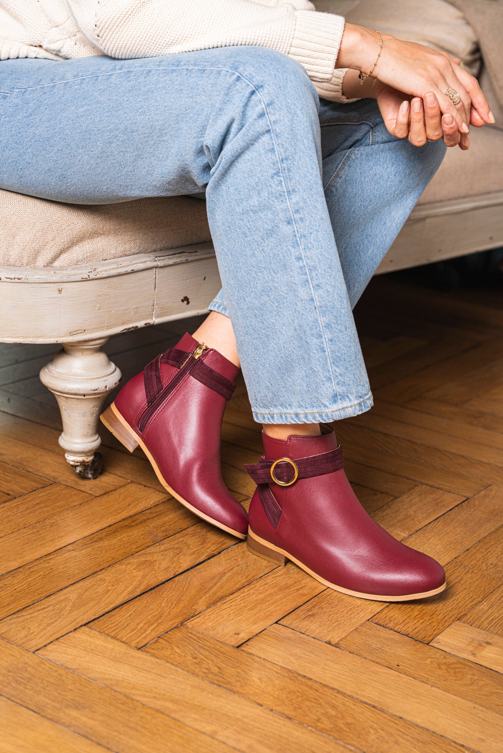 Bottines plates vegan écoresponsable rouges bordeaux pour femme Sven Minuit sur Terre