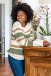 Pull en grosse maille écologique et vegan en coton recyclé écru vert marron Karinou Minuit sur Terre