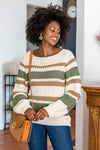 Pull en coton recyclé vegan écologique à rayures écru vert marron Karinou Minuit sur Terre