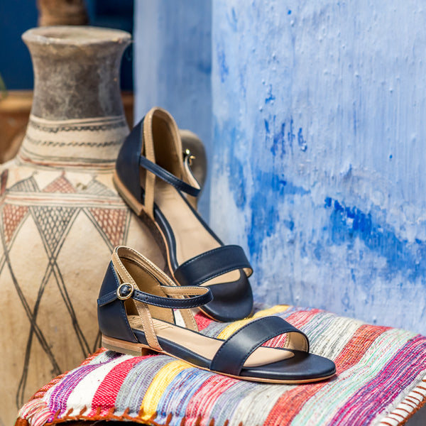 Sandales plates bleu foncé et doré vegan écologiques Argan pour femme Minuit sur Terre